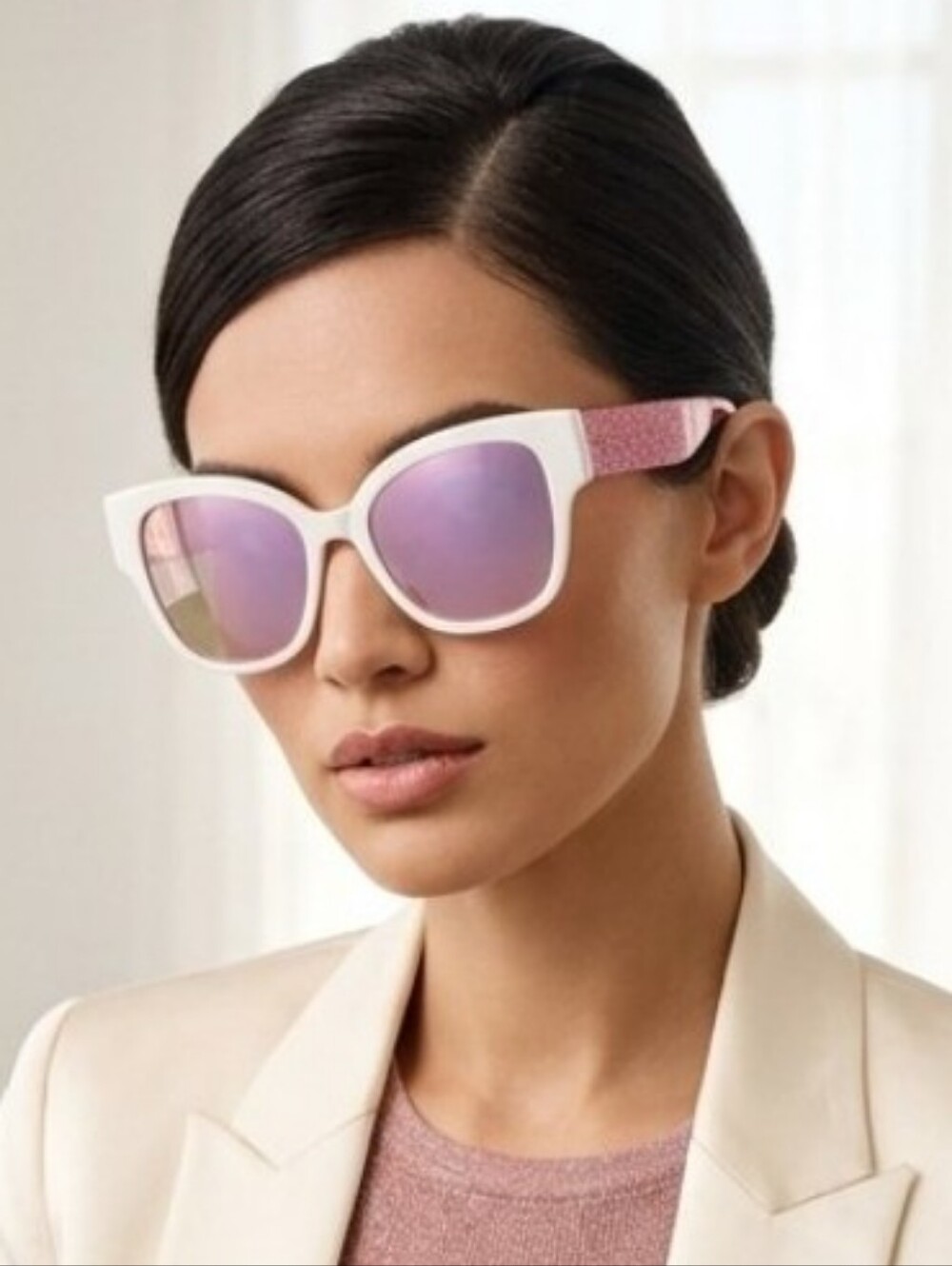 Circus by Sam Edelman Oversized White Sunglasses with Pink Glitter Temples